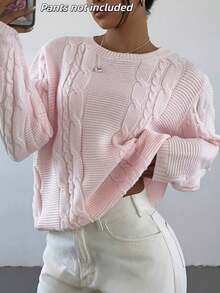Plus Size Women's Casual Solid Color Cable Knit Pullover Sweater, Loose Lazy Long Sleeve Short Length Knit Top, Versatile For Daily Wear And Commuting - Pink - View 1
