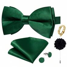 5Pcs Glossy Green Men Accessory Set, Bow Tie Pocket Square Cufflinks Brooch Detachable Ring, Random Cufflink Patterns, Suit Accessories For Wedding - Green - View 2