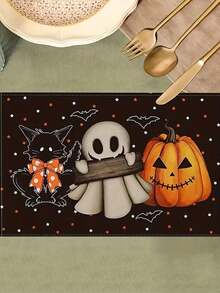1 pieza Mantel individual con patrón de calabaza de Halloween y gato negro, adecuado para decoración de fiesta de Halloween, mantel de mesa para cena familiar, decoración de mesa de postres de fiesta, mesa de evento festivo y decoración de restaurante con temática de sala de escape - Talla única - Ver 5