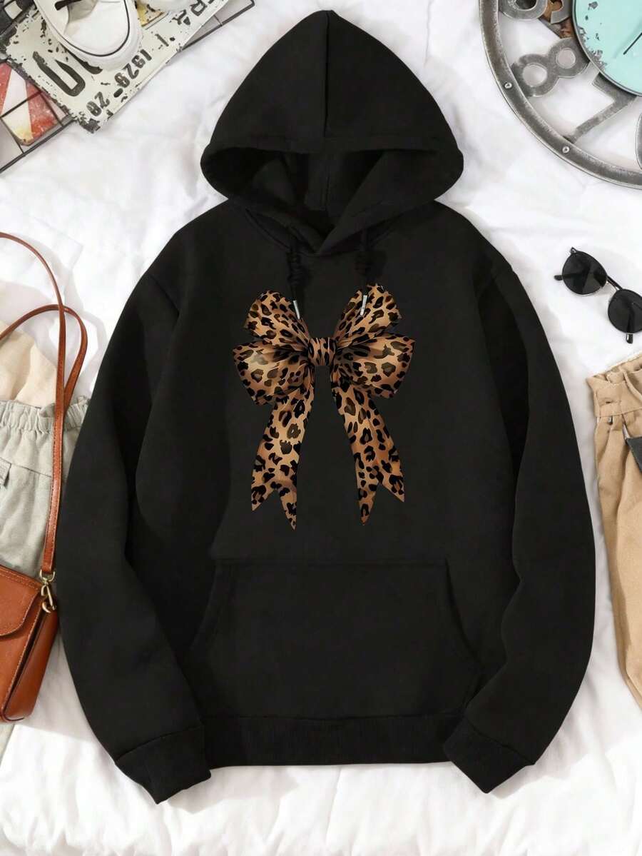Sudadera con Capucha Negra con Diseño de Lazo y Estampado de Leopardo, Sudadera Casual de Moda para Hombre y Mujer, Otoño/Invierno - Negro - Ver 1