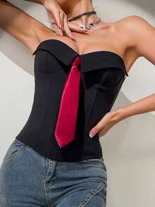 Top moderno bandeja lisa con lazo, estilo chica  para looks callejeros europeos - Negro - Ver 8