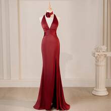 Vintage Burgundy Valentine's Day Backless Slit Sexy Bridesmaid Dress, Sister Party Wedding Season Dress - Burgundy - View 10