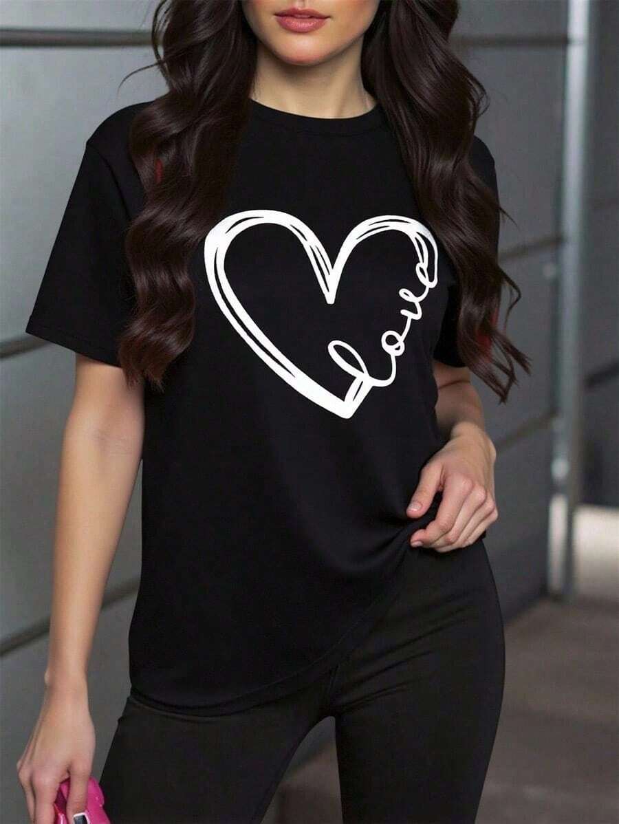 Camiseta gráfica de mujer de manga corta con cuello redondo, de moda con estampado de corazón, para uso diario casual - Blanco y Negro - Ver 1