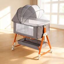 3-In-1 Baby Crib,Bedside Bassinet, Baby Bed With Storage Basket,Easy To Fold,6 Adjustable Height Portable Crib For Infant/Newborn,Baby Need,Baby Stuff - 灰色 - 查看 1