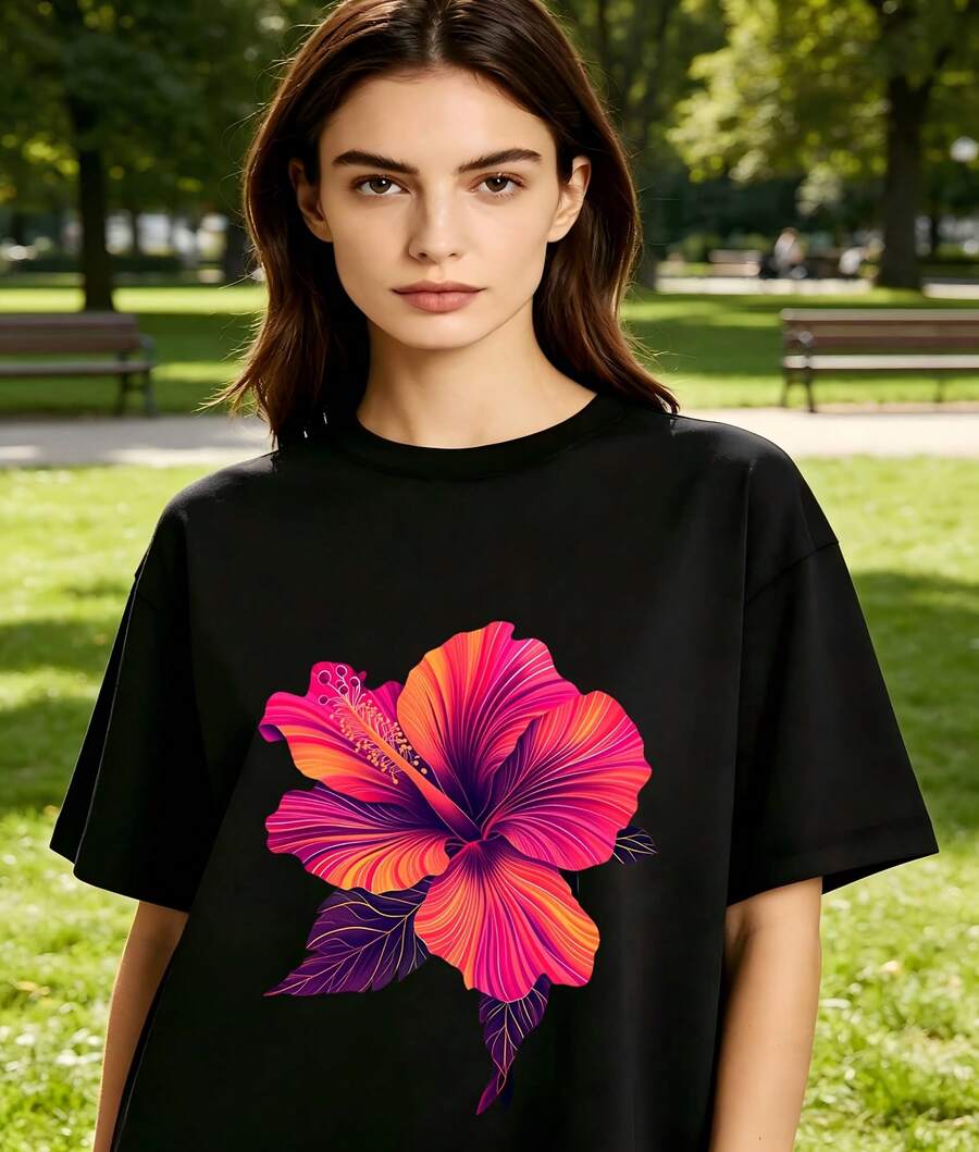 Vibrant Gradient Hibiscus Tropical Floral Watercolor Graphic Oversized Crew Neck Short Sleeve Women's T-Shirt Summer Beach Vacation Casual Wear Perfect Gift For Tropical Flower Nature Lovers - 黑色 - 查看 1
