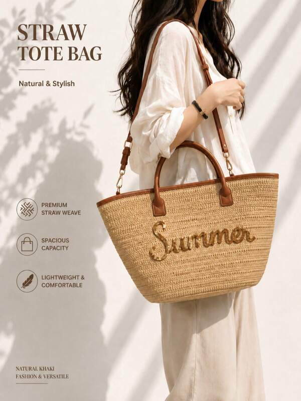 Summer Straw Tote Bag Large Capacity Woven Shoulder Crossbody Beach Handbag