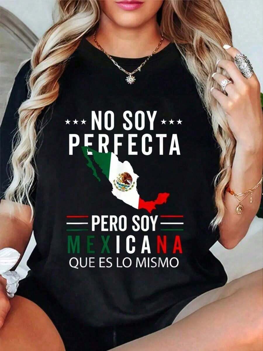 1 Unit Casual Printed T-Shirt, Round Neck, Short Sleeve, % Cotton, Loose Fit For Women, Summer Print With Moisture Absorption, For Everyday Use. - Negro 4 - View 1