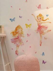 1pc Ins Gentle Dreamy Ballet Princess Wall Sticker, Butterfly Crown Watercolor Girl Design, Removable Self-Adhesive Wall Decal For Girls Bedroom - Wall Stickers - View 10