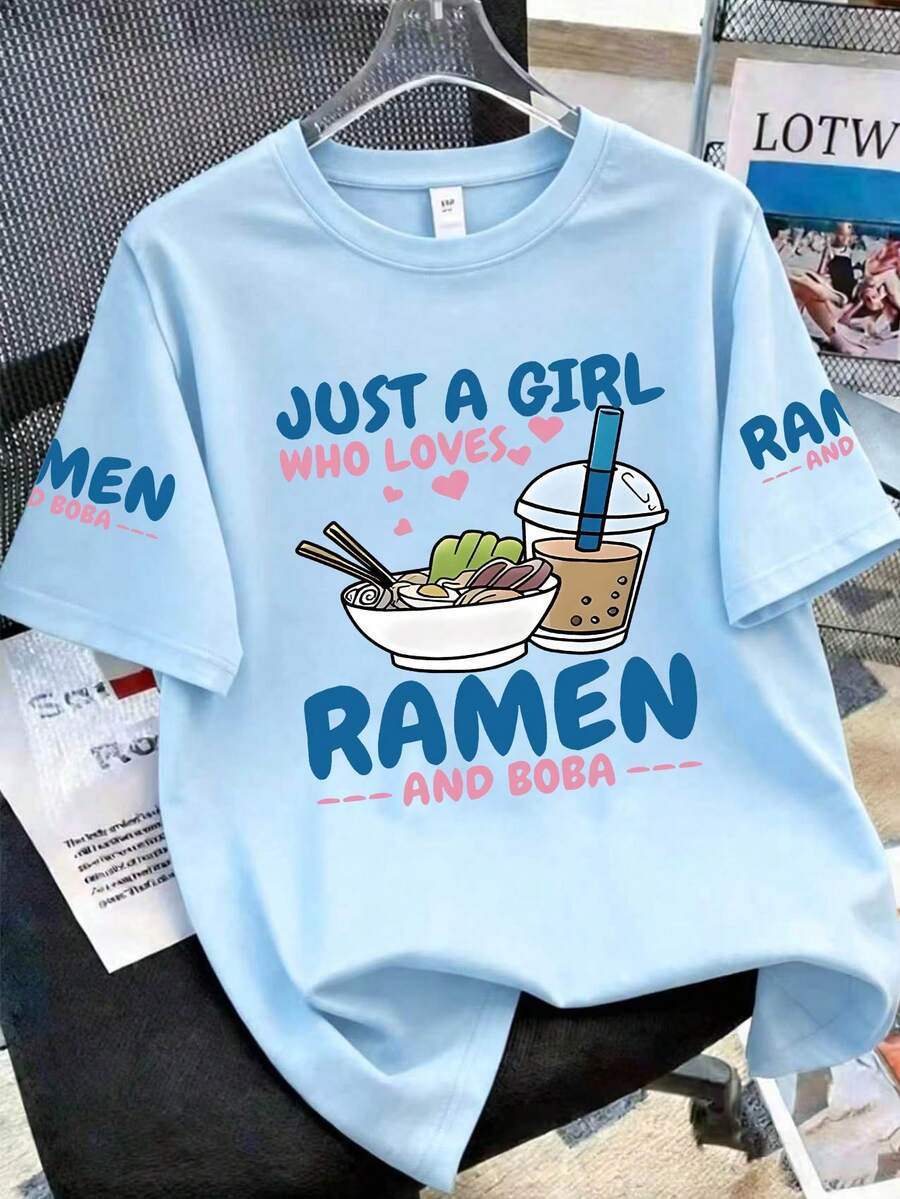 Teenager Mädchen Kurzarm T-Shirt mit Getränke-, Lebensmittel- und Slogan-Drucken, lässiges Oversized Sportstil Rundhals T-Shirt, perfekt als Sommergeschenk, geeignet für Schule, Reisen, Partys und Streetstyle (Teenager Mädchen Kleidung) - Babyblau - Übersicht 1