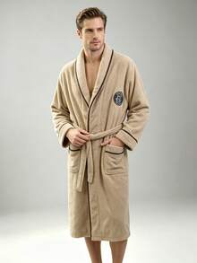 Lapel - Plain Trim Round Logo Bathrobe - Khaki