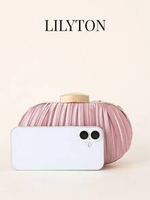 Women's Elegant Exquisite Clutch Box Evening Bag With Pleated Design, Suitable For Weddings, Parties And Balls, Includes Detachable Chain Strap - Pink - View 3