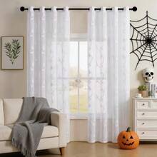 2pcs White Embroidered Sheer Curtains - Floral Pattern, Elegant Embroidery Design For Living Room And Bedroom Decor, With Grommet Rings - White - View 2