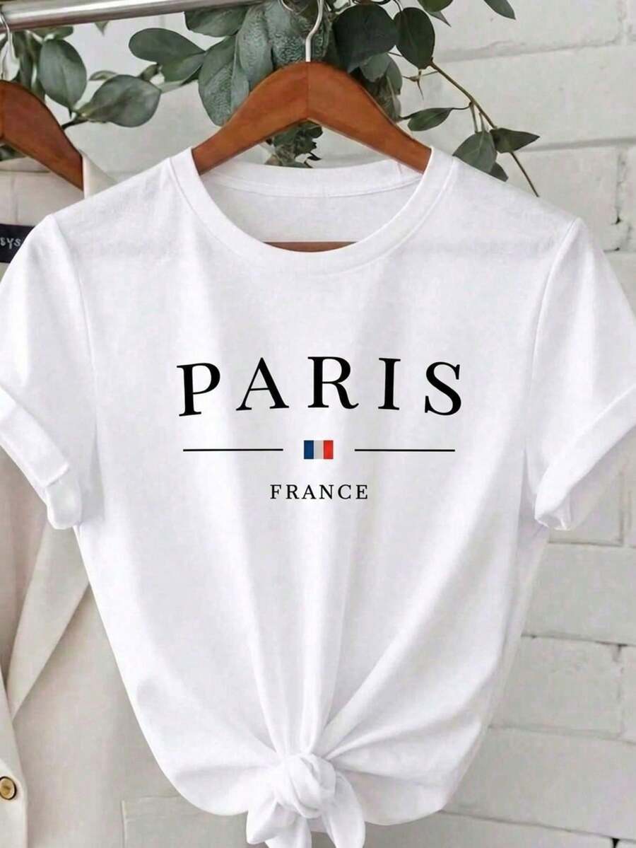 Women's Impala Casual T-Shirt With Paris, France Print, Regular Short Sleeves And Round Neck, Slightly Elastic Fashion Travel Top, 100% Cotton. - 白色的 - 查看 1