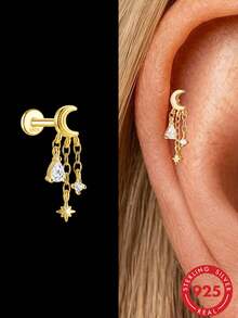 1Pc Crown Tassel 925 Sterling Silver Earrings For Women Flat Back Drop Earring Stud Earring Helix Cartilage For Daily Wear Party Fine Jewelry - Gold - View 1