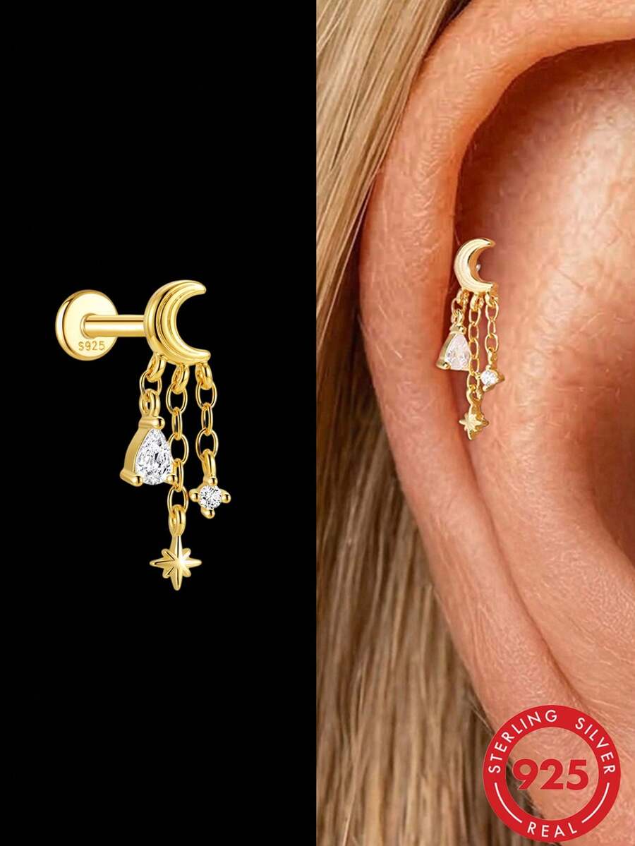 1Pc Crown Tassel 925 Sterling Silver Earrings For Women Flat Back Drop Earring Stud Earring Helix Cartilage For Daily Wear Party Fine Jewelry - Gold - View 1