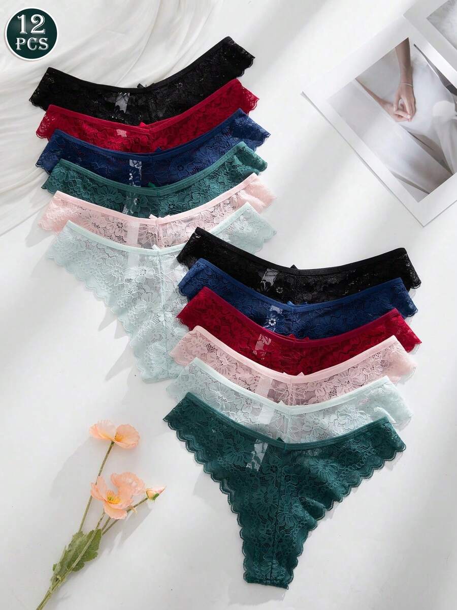 Set de 12 piezas Bragas de encaje elegantes y cómodas para dama - Rosa - Ver 1