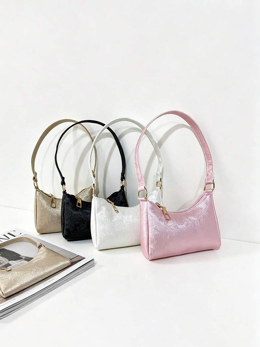 Pearlescent Glitter Shiny Mini Handbag, Minimalist Elegant Lipstick Pouch, Printed Crescent Moon Bag, Suitable For Daily Use - A - View 1
