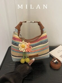 1件迷你條紋印花方包 PU可調節肩帶斜挎包 拉鍊時尚女款手提包 日常使用 約會 購物 工作 - 彩色 - 查看 2