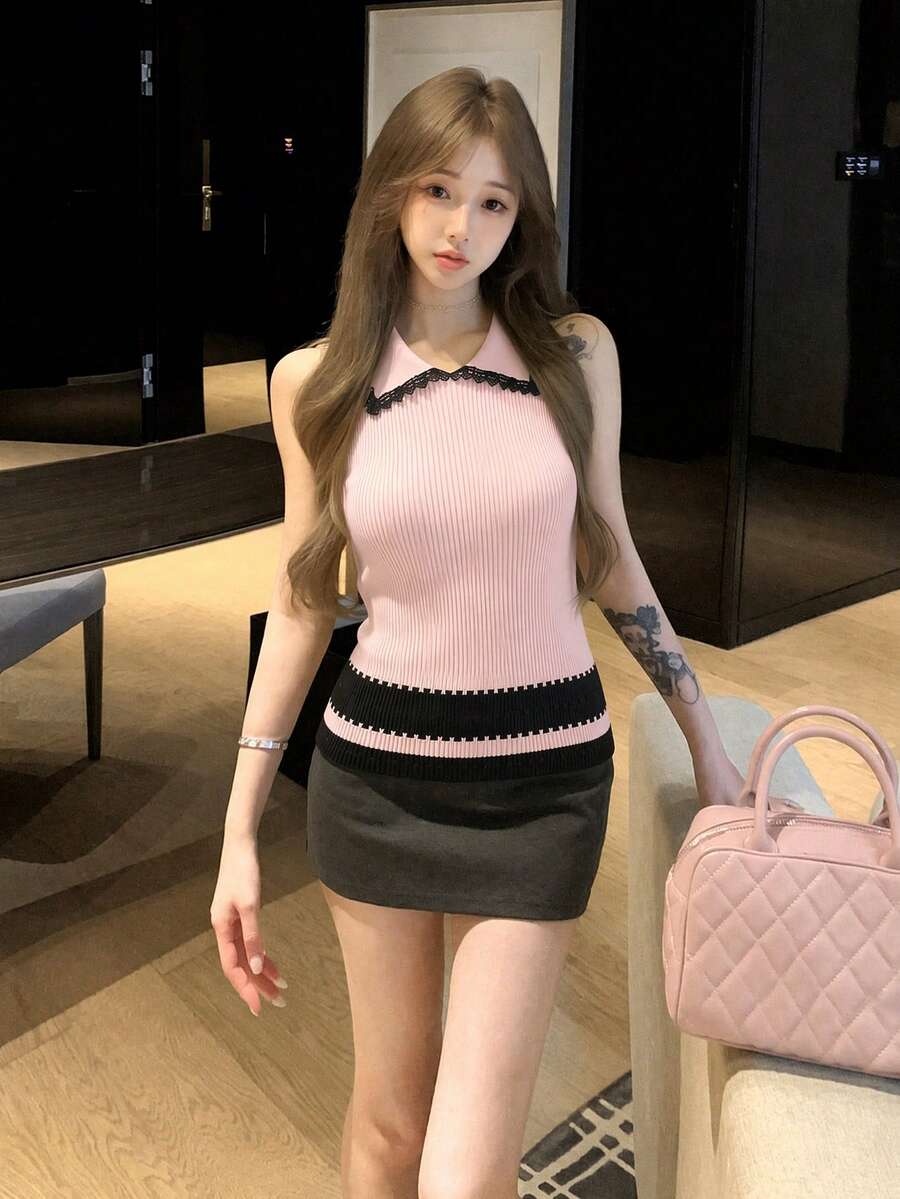 女款對比色彼得潘領蕾絲拼接針織背心 夏季外套 百搭青春風打底上衣 粉色 - 粉色 - 查看 1