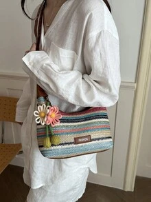 Colorful Striped Women's Handbag, Fashionable Straw Woven Handbag With Flower Pendant, Versatile Shoulder Bag And Crossbody Bag - Multicolor - View 3