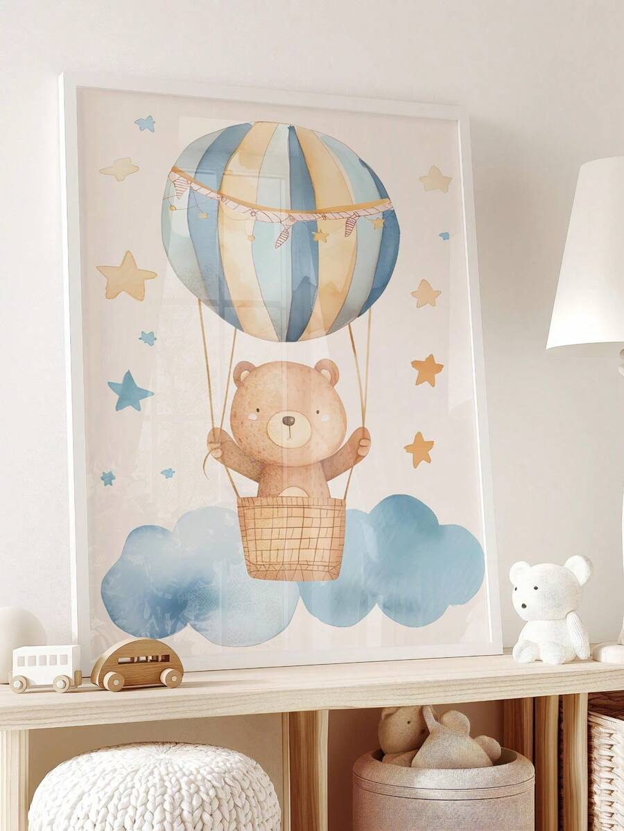 1 pièce, Décoration murale pour chambre de bébé sur canevas encadrée, Ours en peluche dans une montgolfière, Mignon petit ours brun montant dans une montgolfière rayée bleu et blanc, Thème d'aventure dans le ciel de style neutre pour décoration murale de chambre de bébé, Impression d'art prête à accrocher, Convient pour chambre de tout-petits, salle de jeux, Cadeau idéal pour baby shower, Cadeau pour passionné de voyage d'ours, Décoration d'accent pour chambre d'enfants, Décoration de maternelle, Cadeau pour enfants, Décoration de fête, Affiche imperméable - Multicolore - Voir 1