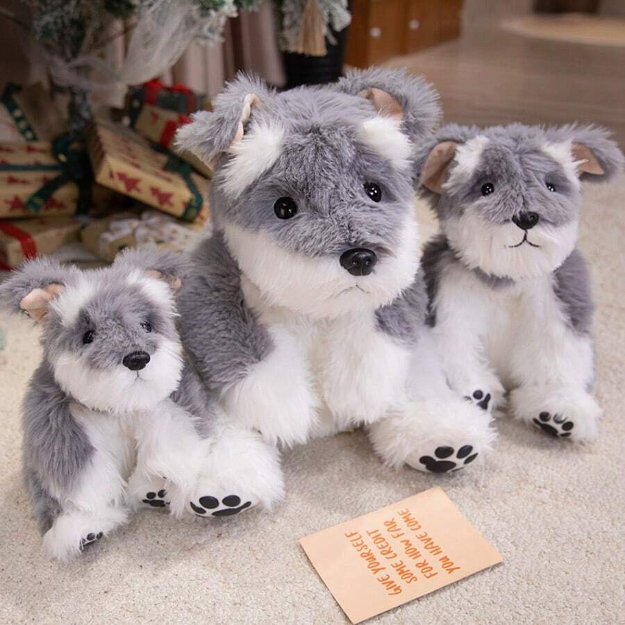 Realistic Gray Cute Small Schnauzer Dog Plush Doll Pillow, Soft Long Fur Polyester Fiber Filling, Can Stand And Sit, Desktop Indoor Car Decoration, Birthday Children's Day Thanksgiving Christmas Gift, Children's Doll (Material: Polyester Fiber)