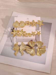 3/8 Pairs Oversized Gold-Plated Petal Starfish Shell Earrings, Gold Women's Earring Set. Suitable For Daily Beach Ocean Vacation (Non-Fading, Lightweight CCB Material) - Gold - View 8