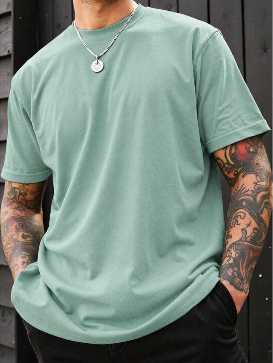 NEOREFINED Men's Casual Solid Color Round Neck Short Sleeve T-Shirt For Summer - 綠色 - 查看 1
