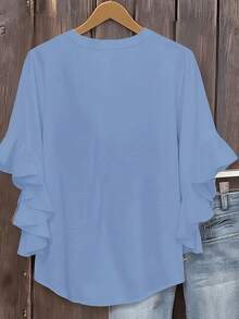 Size - Size - Women's Blouse With Ruffles And Three-Quarter Sleeves, Solid Color, Casual Loose Fashion, V-Neck, For Business - Light Grey - View 7