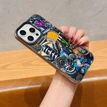 1 pieza Funda de teléfono con patrón de carreras en negro & plata compatible con teléfonos Apple - Multicolor - Ver 5