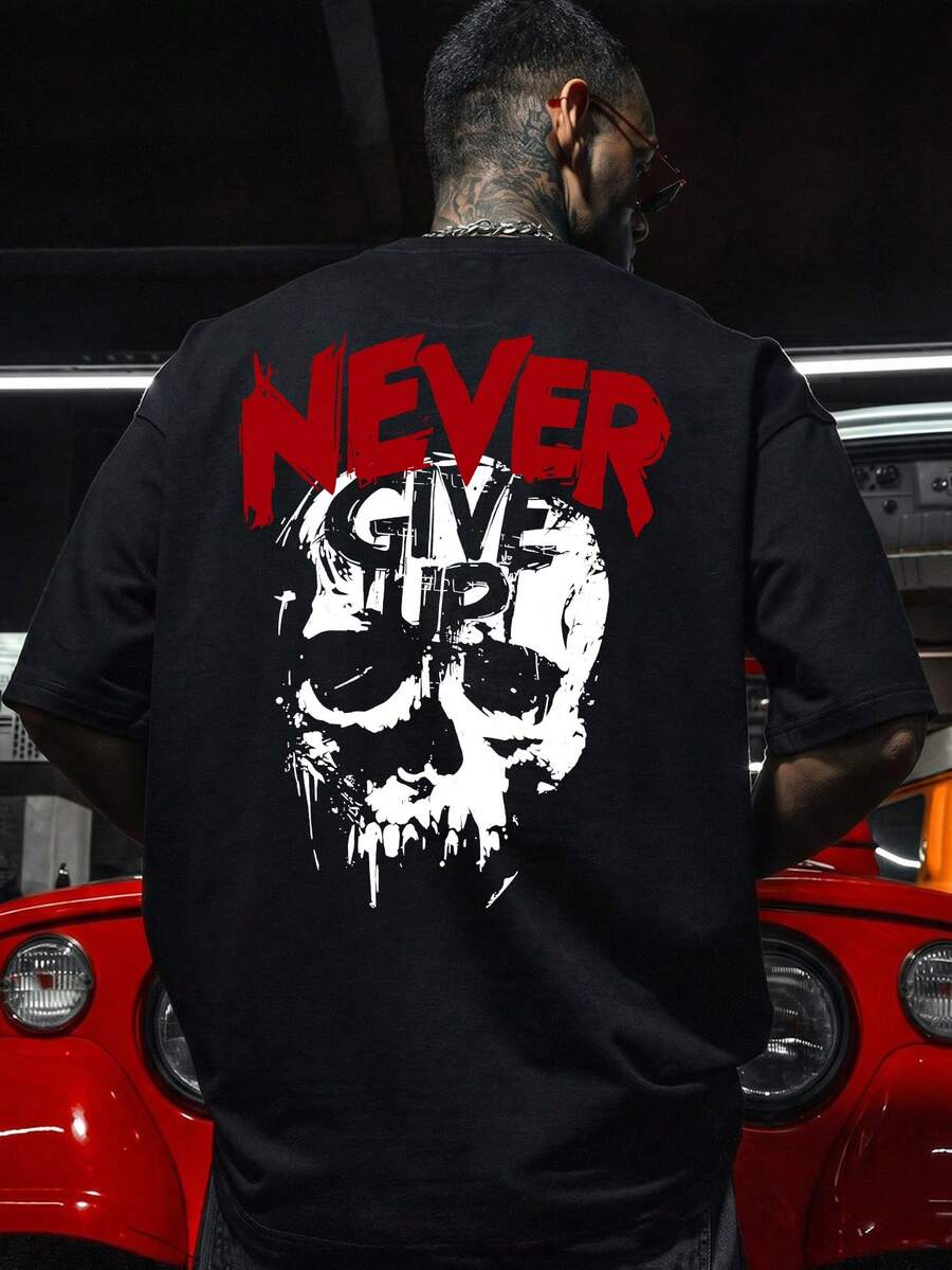 Men's Retro Hippie Skull Print Black Crew Neck Short Sleeve T-Shirt, Suitable For Sports & Fitness, Comfortable & Breathable Dope