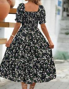 Women's Printed Dress With Square Neck, Fitted Waist And Layered Puff Sleeves, In A Sweet Style. - 黑色 - 查看 3