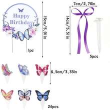 35pcs/24pcs/1pc Purple Butterfly Happy Birthday Cake Cupcake Topper With Ribbon Set, Girls Birthday Party Cake Decoration - Multicolor - View 9