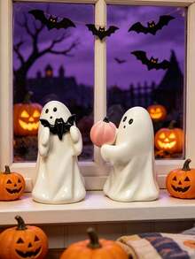 1 Set Bat Ghost Sculpture, Halloween BOO Ghost Decoration, Vintage Halloween Ghost Decor Ornament, Resin Ghost Desktop Craft Statue, Vintage Resin Ghost Figurine With Bat And Pumpkin, Collectible Halloween Decor Statue, Halloween Gift - A - View 5