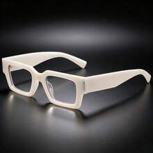 1 par de monturas de gafas sin lentes estilo callejero americano para mujer, color blanco crema, diseño rectangular de marco pequeño y grueso, monturas versátiles para accesorios de fotos en pareja - A - Ver 2
