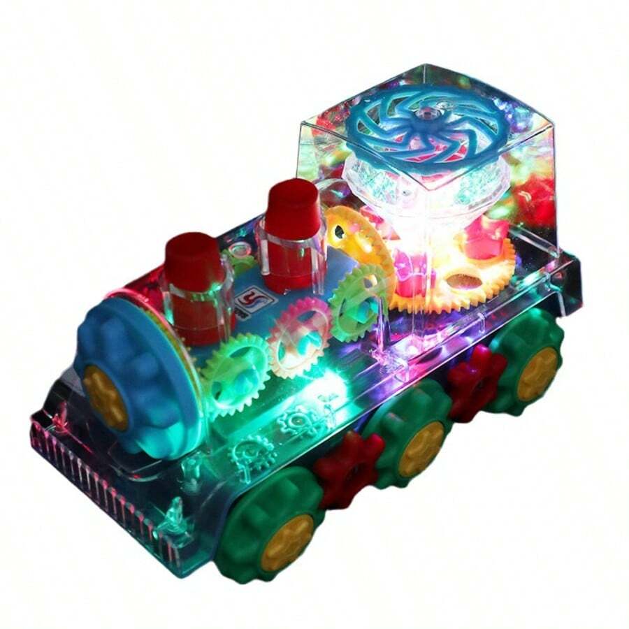 1 pieza Tren eléctrico omnidireccional transparente para niños unisex, luces de colores, música, simulación de engranajes - Color de accesorio aleatorio, niños y niñas, regalo de cumpleaños, Navidad