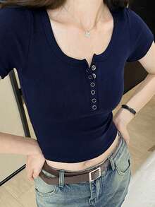 女款方領短袖T恤，修身顯瘦灰色上衣，法式風格高級感休閒夏季款 - 藏蓝色 - 查看 2