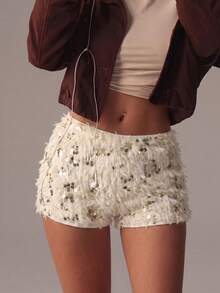 GLOpass Women's Summer Fashion Street Style Vacation Party Patchwork Sequin Plush Shorts - Apricot - View 4