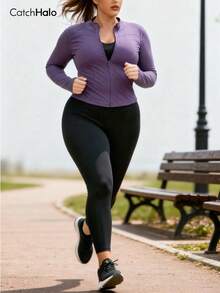 Plus Size Women Slim Fit Lightweight Sports Jacket, With Thumb Hole, Purple, Funnel Neck, Suitable For Yoga, Gym, Running, Cycling, Daily Wear Spring - Elderberry - View 5
