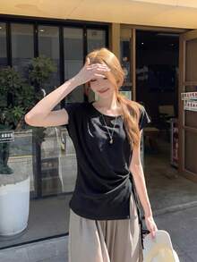 溫柔風小眾設計前綁帶短袖T恤，修身顯瘦女款上衣，夏季黑色 - 黑色 - 查看 3