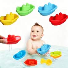 6pcs Rainbow Stackable Baby Bath Boat Toys - Summer Musical Water Games - Children's Easter Gift (Random Boat Color) - Multicolor - View 2