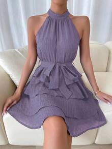 Ropa de mujer europea y americana, verano 2026, vestido sin mangas con volantes, cuello halter con cordones y diseño patchwork. - Morado - Ver 1
