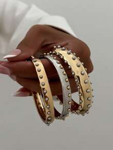 3pcs/Set Vintage Minimalist Punk Style Metal Rivet Thick Bracelet, Suitable For Women, Timeless Beautiful Cuff Bracelet, Jewelry Accessory Gift Set, For Daily Wear. - Multicolor - View 4