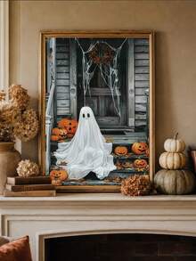 1 pieza Arte de pared en lienzo, decoración de pared enmarcada, fantasma blanco vintage sentado en un porche de madera con linterna de calabaza, hojas de arce y telaraña, póster popular de atmósfera de terror pastoral de otoño de Halloween, pintura decorativa colgante vintage sin marco, adecuada para decoración del hogar moderno, decoración de habitación, decoración de dormitorio, decoración de sala de estar, decoración de baño, decoración de cocina - Fantasma de calabaza - Ver 2