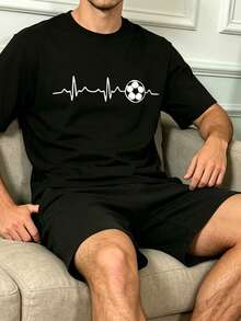 Men's Solid Color Round Neck Cartoon Football Print Short Sleeve & Shorts 2-Piece Pajama Set, Casual Comfortable Loungewear - Multicolor - View 5