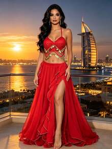 Bohemian Coin Trimmed Halter Crop Top With High Slit Chiffon Maxi Skirt For Beach Vacations, Desert Festivals & Rave Outfits (Available In Multiple Colors) - Multicolor - View 4
