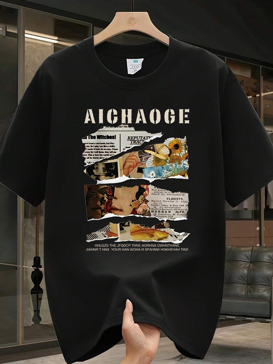 Camiseta de manga corta para hombre, de algodón puro de alta calidad, con estampado de marca de moda, nuevo estilo de verano, talla grande, top casual versátil. - Negro - Ver 1