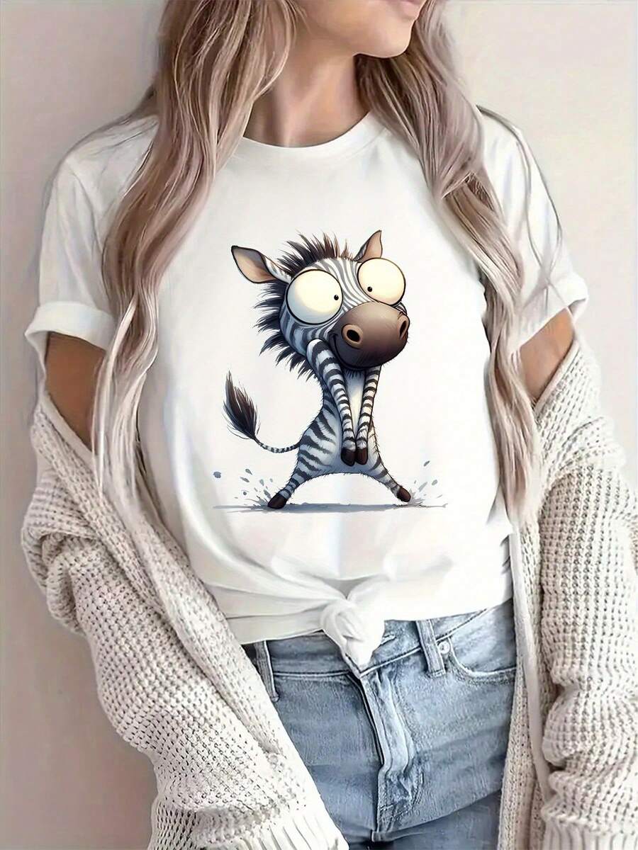 Pure Cotton T-Shirt, Surprise Zebra Print, Stylish Women's Clothing, Curvy Women's Clothing, Cute Outfits, Sexy, Women's Vacation Wear, Cosplay, Many Koreans Bought It - 白色 - 查看 1