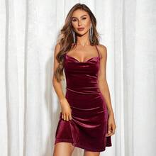 Nuevo Vestido de Fiesta Sexy sin Espalda de Terciopelo con Tirantes para Mujer, Estilo Europeo y Americano, Colección Otoño/Invierno - Burdeos - Ver 1