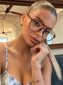 1pc Women's Oversized Decorative Fashion Glasses, Leopard Tortoise Shell Bohemian Style Frame, Suitable For Summer Beach Vacation, Outdoor Travel - Clear - View 5